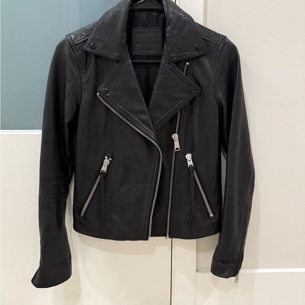 All Saints Black Leather Jacket with Silver Accents